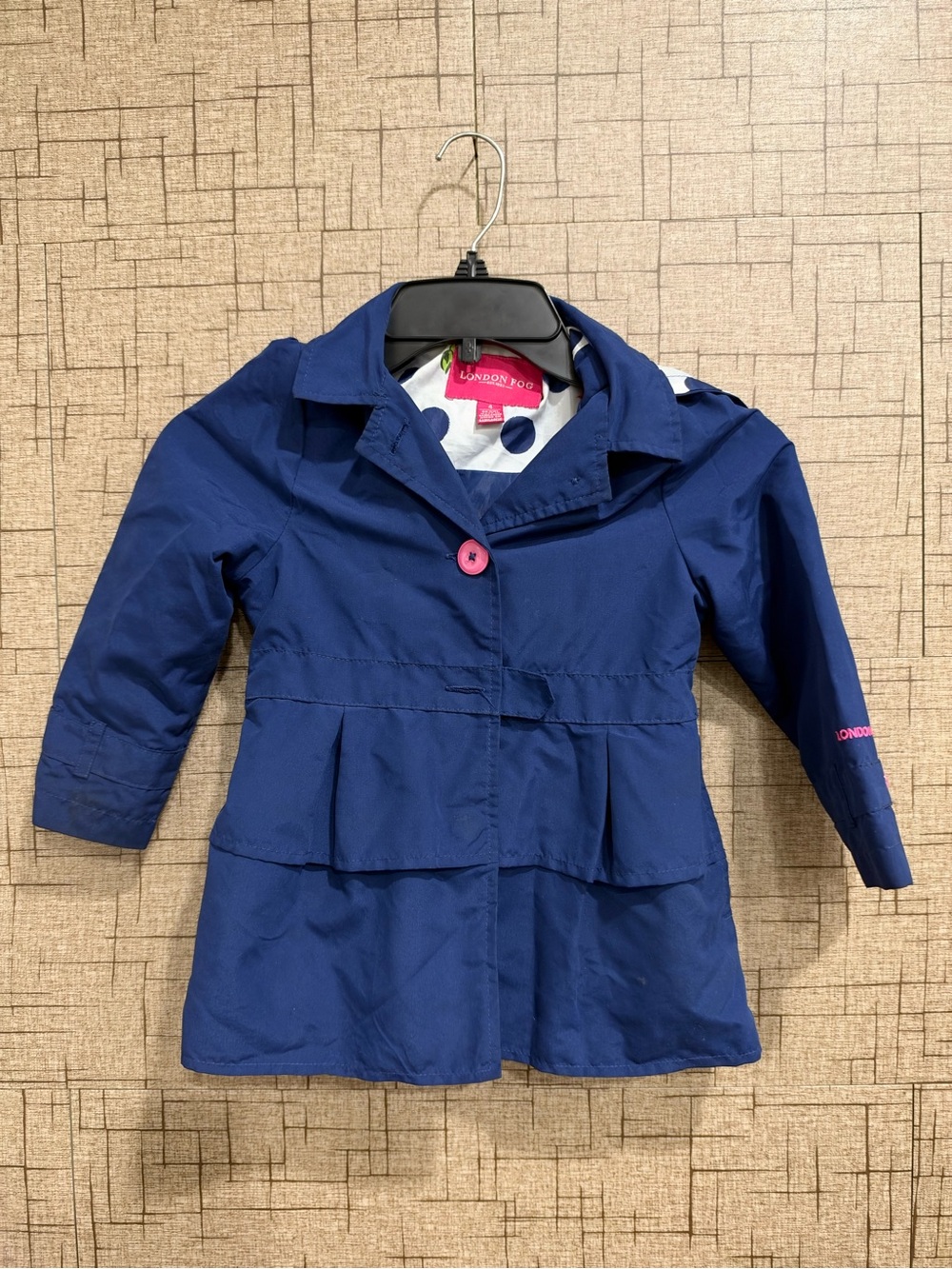 London Fog Girls Navy Peplum Raincoat with Pink Button